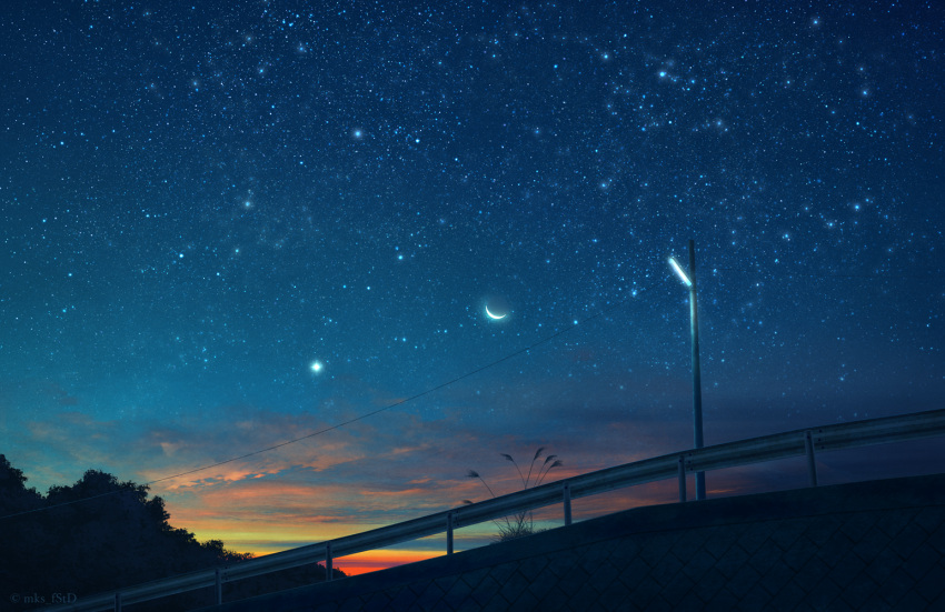artist_name crescent_moon guard_rail lamppost mks moon night night_sky no_humans original outdoors scenery sky star_(sky) starry_sky sunset