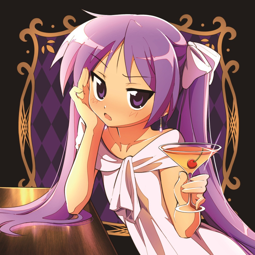 1girl bangs blush cup dress earrings elbow_rest eyebrows_visible_through_hair hair_ribbon hiiragi_kagami holding holding_cup hotaru_iori ichimi_renge jewelry long_hair looking_at_viewer lucky_star parted_lips purple_hair ribbon simple_background solo twintails upper_body violet_eyes white_dress white_ribbon