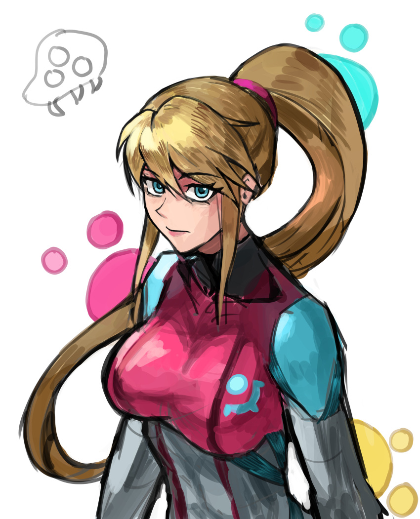 1girl absurdres bangs blonde_hair blue_eyes bodysuit breasts hair_between_eyes highres long_hair looking_at_viewer metroid metroid_dread mole mole_under_mouth ponytail saiykik samus_aran simple_background skin_tight solo zero_suit