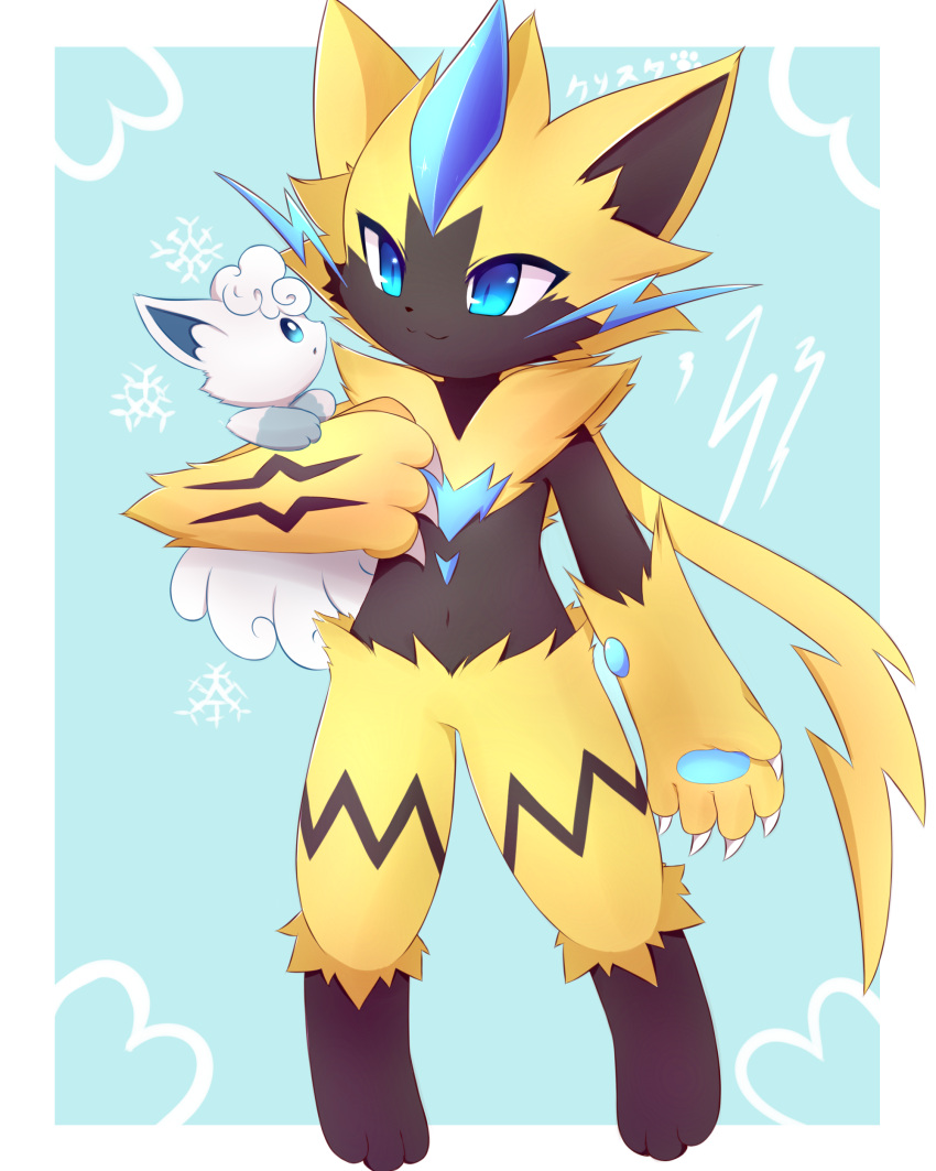 1boy :3 absurdres alolan_vulpix animal_feet animal_hands animal_nose arm_at_side arm_up artist_name black_fur blue_background blue_eyes blue_fur body_fur border claws closed_mouth commentary english_commentary eye_contact furry furry_male happy highres holding holding_pokemon kryztar lightning_bolt_symbol looking_at_another male_focus navel open_mouth outside_border pawpads pokemon pokemon_(creature) sideways_mouth signature slit_pupils smile snowflakes stomach whiskers white_border yellow_fur zeraora