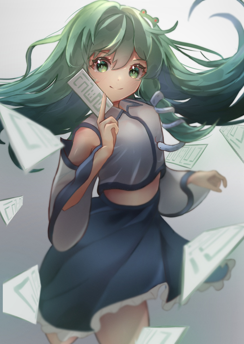 1girl absurdres bangs bare_shoulders blue_skirt breasts buttons closed_mouth collar collared_shirt detached_sleeves eyebrows_visible_through_hair frog_hair_ornament gohei gradient gradient_background green_eyes green_hair grey_background hair_between_eyes hair_ornament hairpin hands_up highres kochiya_sanae long_hair long_sleeves looking_at_viewer medium_breasts shirt skirt smile snake_hair_ornament solo standing touhou user_upmj4534 white_background white_shirt wide_sleeves