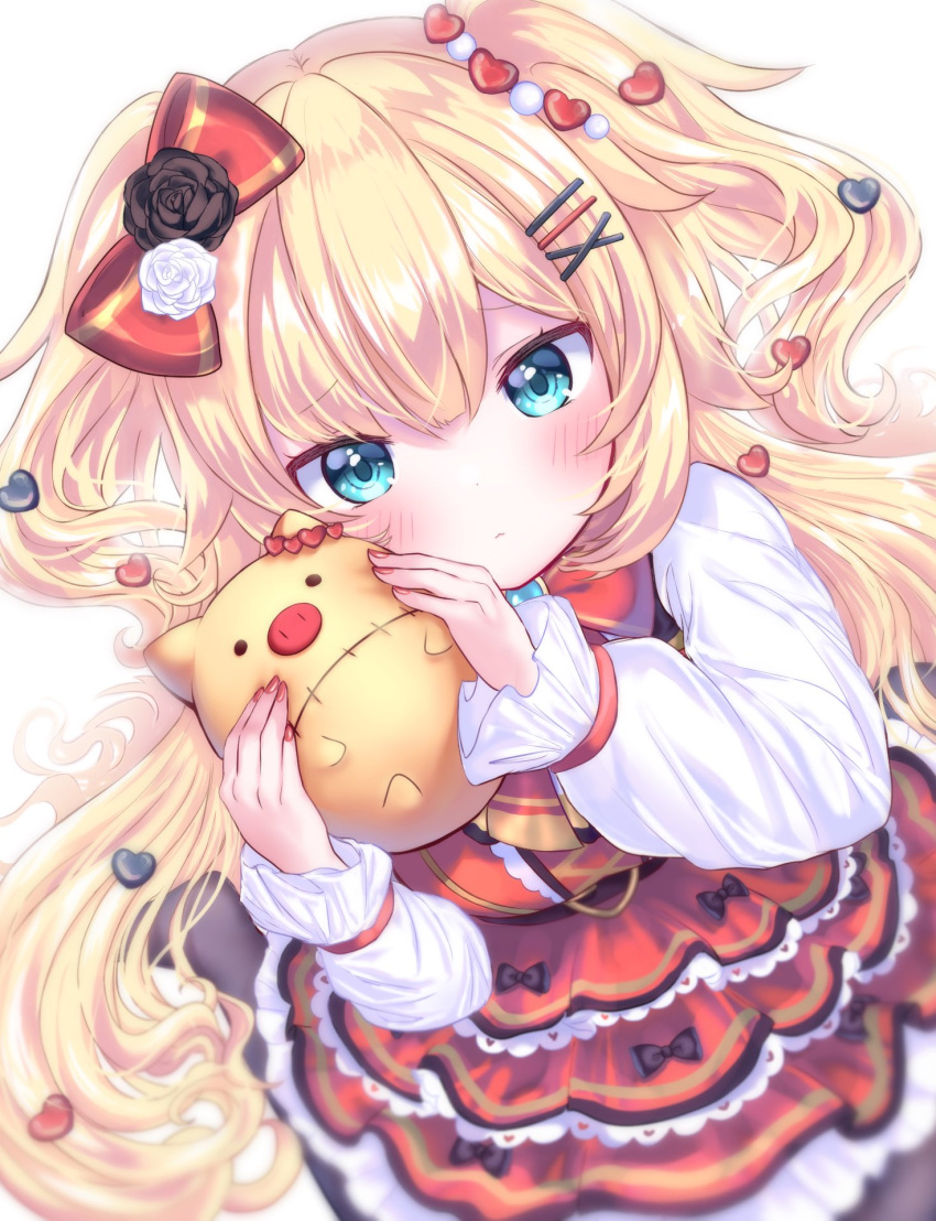 1girl akai_haato bangs blonde_hair blue_eyes blush bow commentary dress eyebrows_visible_through_hair frilled_dress frills haaton_(akai_haato) hair_bow hair_ornament hairclip heart heart_hair_ornament highres holding hololive looking_at_viewer nail_polish red_dress red_nails simple_background solo virtual_youtuber white_background ykpoke