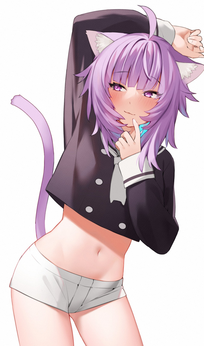 1girl ahoge animal_ears arm_up black_shirt cat_ears cat_girl cat_tail cowboy_shot crop_top crop_top_overhang hand_up highres hololive hoshi_usagi long_sleeves looking_away micro_shorts midriff navel nekomata_okayu purple_hair shirt shorts simple_background solo stomach tail thighs violet_eyes virtual_youtuber white_background white_shorts