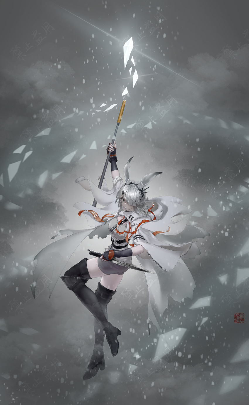 0793384488 1girl absurdres animal_ears arknights black_footwear boots chinese_commentary coat commentary_request frostnova_(arknights) full_body grey_background grey_eyes grey_hair grey_shirt grey_shorts hair_ornament hair_over_one_eye hairclip hand_up highres holding holding_knife holding_staff knife long_hair procreate_(medium) rabbit_ears reunion_logo_(arknights) scar scar_on_face scar_on_nose shirt shorts solo staff thigh-highs thigh_boots white_coat