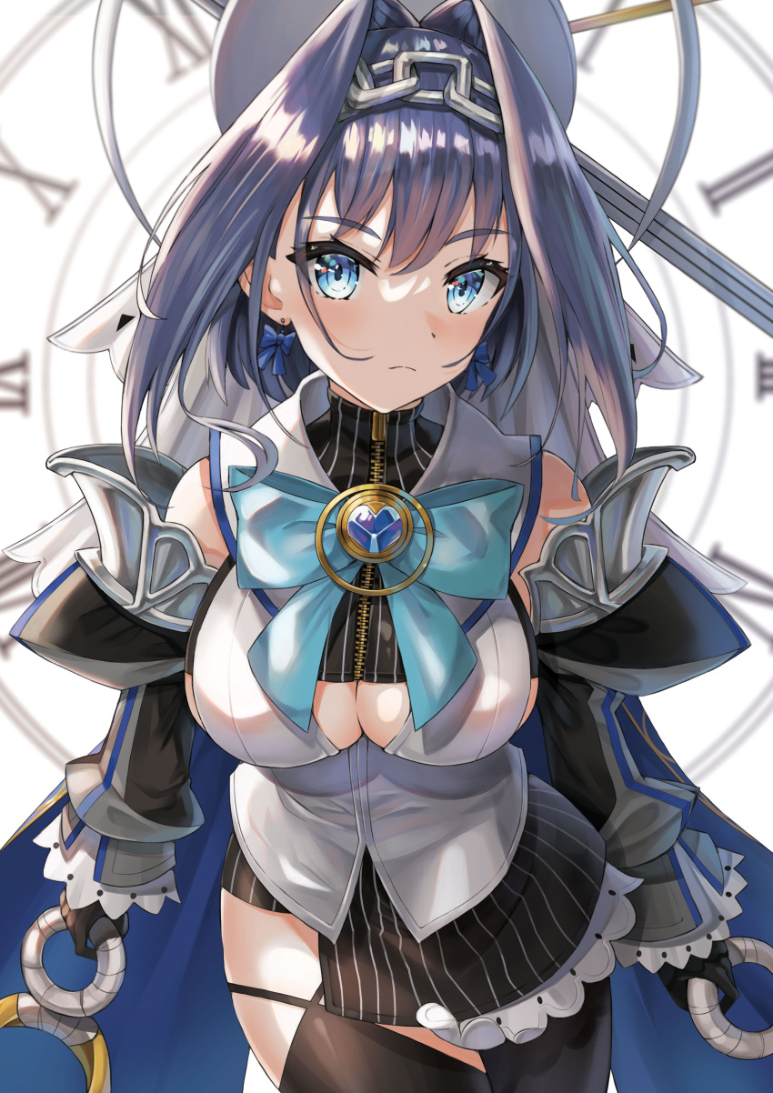 1girl absurdres alter_(kxk7357) bangs black_gloves black_legwear blue_eyes blue_hair bow bow_earrings bowtie breasts cleavage_cutout clock clock_hands closed_mouth clothing_cutout detached_sleeves earrings eyebrows_visible_through_hair gloves hair_intakes head_chain highres holding holding_weapon hololive hololive_english jewelry large_breasts looking_at_viewer mechanical_halo miniskirt ouro_kronii roman_numeral sailor_collar short_hair single_thighhigh skirt solo thigh-highs veil weapon zipper zipper_pull_tab