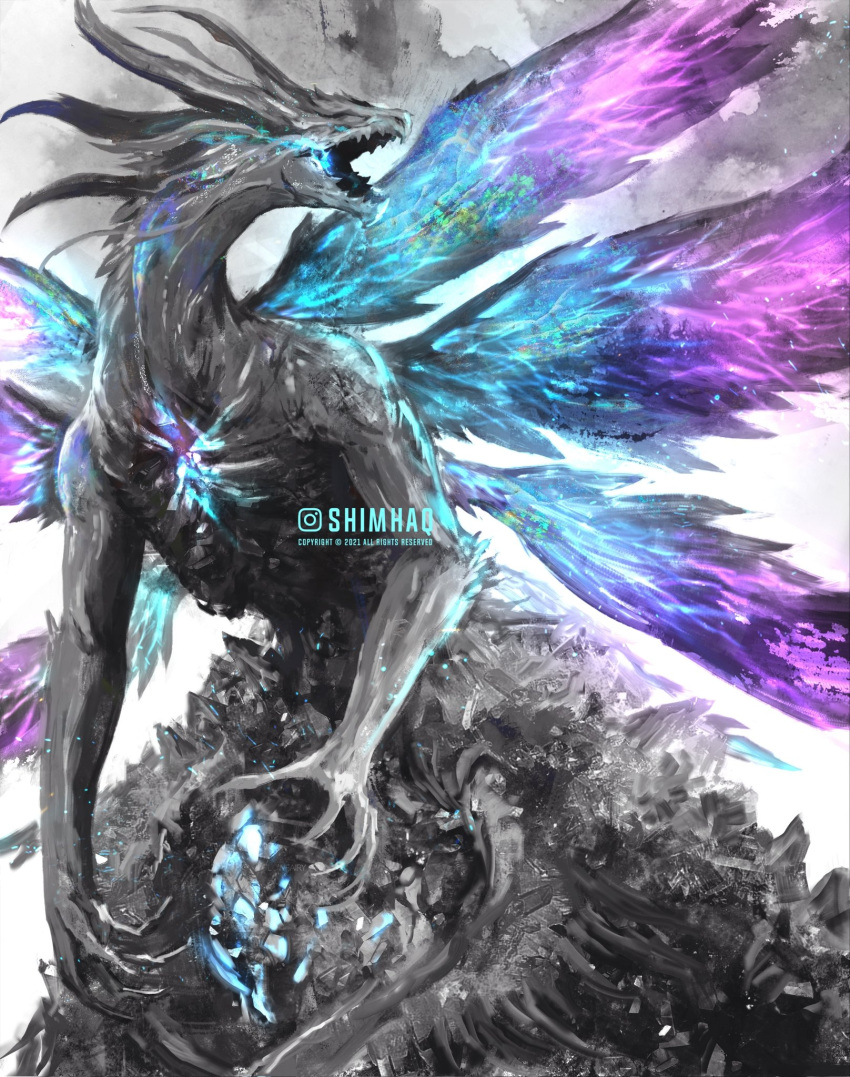 artist_name blue_theme dark_souls_(series) dark_souls_i dragon highres limited_palette monster no_humans open_mouth purple_theme seath_the_scaleless shimhaq