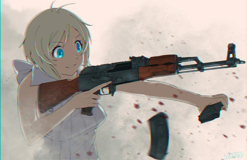 1girl akm assault_rifle blonde_hair blood blood_spray blue_eyes blurry bow breasts daofu1911 dennou_shoujo_youtuber_siro depth_of_field dust grin gun hair_bow highres holding_magazine_(weapon) magazine_(weapon) magazine_ejection medium_breasts motion_blur reloading rifle shirt signature siro_(dennou_shoujo_youtuber_siro) sleeveless sleeveless_shirt smile solo trigger_discipline virtual_youtuber weapon