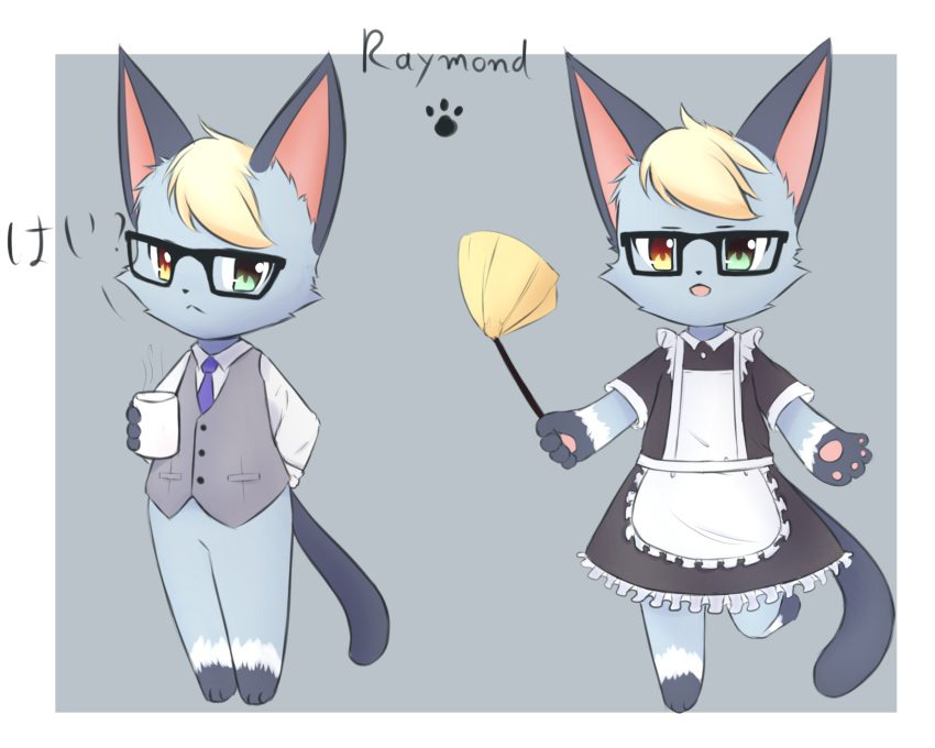 1boy :&lt; alternate_costume animal_crossing animal_ears animal_feet animal_hands animal_nose apron bangs barefoot black-framed_eyewear black_dress blonde_hair blue_fur blue_neckwear body_fur border bottomless buttons cat_boy cat_ears cat_tail character_name closed_mouth collared_shirt commentary crossdressing cup dress drink duster english_commentary english_text formal frilled_apron frilled_dress frills full_body furry furry_male glasses green_eyes grey_background grey_fur grey_vest hand_up happy heterochromia highres holding holding_cup holding_duster kryztar leg_up looking_at_viewer maid_apron male_focus mug multiple_views necktie open_mouth orange_eyes outside_border outstretched_arms paw_print pawpads pocket raymond_(animal_crossing) shirt short_hair short_sleeves simple_background smile standing standing_on_one_leg steam swept_bangs tail talking translated vest white_apron white_border white_fur white_shirt