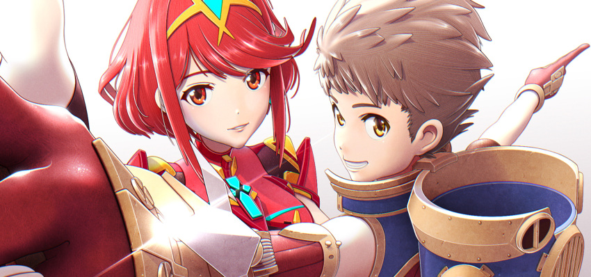 1boy 1girl brown_eyes brown_hair headwear_removed helmet helmet_removed highres looking_at_viewer looking_back looking_up monolith_soft official_art pointing pyra_(xenoblade) red_eyes redhead rex_(xenoblade) smile smiley_face xenoblade_chronicles_(series) xenoblade_chronicles_2