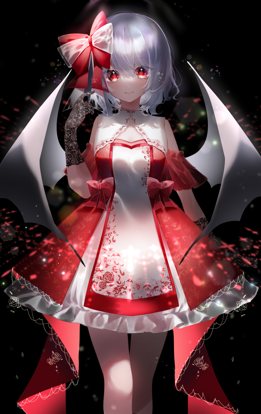 1girl absurdres alternate_costume bat_wings black_background bow bow_dress dress feet_out_of_frame gloves highres lace lace_gloves red_bow red_dress red_eyes remilia_scarlet short_hair silver_hair sleeveless sleeveless_dress smile solo touhou white_bow wings yukia_(yukia_777)
