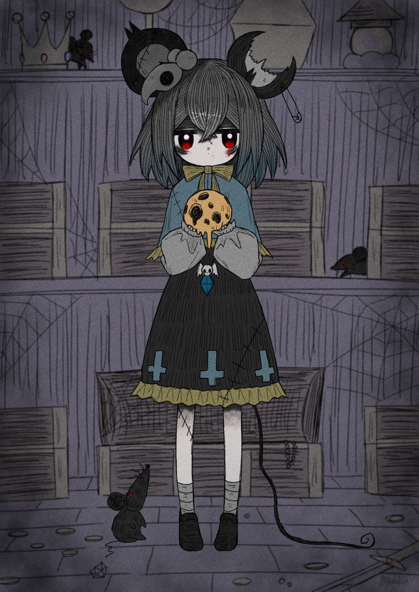 1girl animal_ears bangs blue_capelet bow bowtie box capelet closed_mouth coin commentary_request crown crystal dotaku_(wran8845) expressionless full_body grey_hair grey_skirt halloween highres holding jewelry long_sleeves looking_at_viewer mouse mouse_ears mouse_girl mouse_tail nazrin pendant red_eyes shirt short_hair signature skirt solo standing tail touhou treasure_chest white_shirt yellow_bow yellow_neckwear