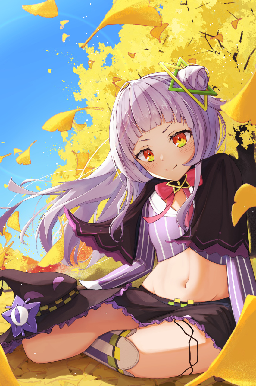 1girl absurdres bangs black_capelet black_headwear blunt_bangs blush bow bowtie capelet cropped_shirt falling_leaves hat hat_removed headwear_removed hexagram_hair_ornament highres hololive leaf long_hair long_sleeves looking_at_viewer microskirt midriff murasaki_shion navel oudon_(udonnaiyo) outdoors shirt short_eyebrows side_bun sidelocks silver_hair sitting skirt sky smile solo striped striped_shirt tree vertical-striped_shirt vertical_stripes virtual_youtuber witch_hat yellow_eyes