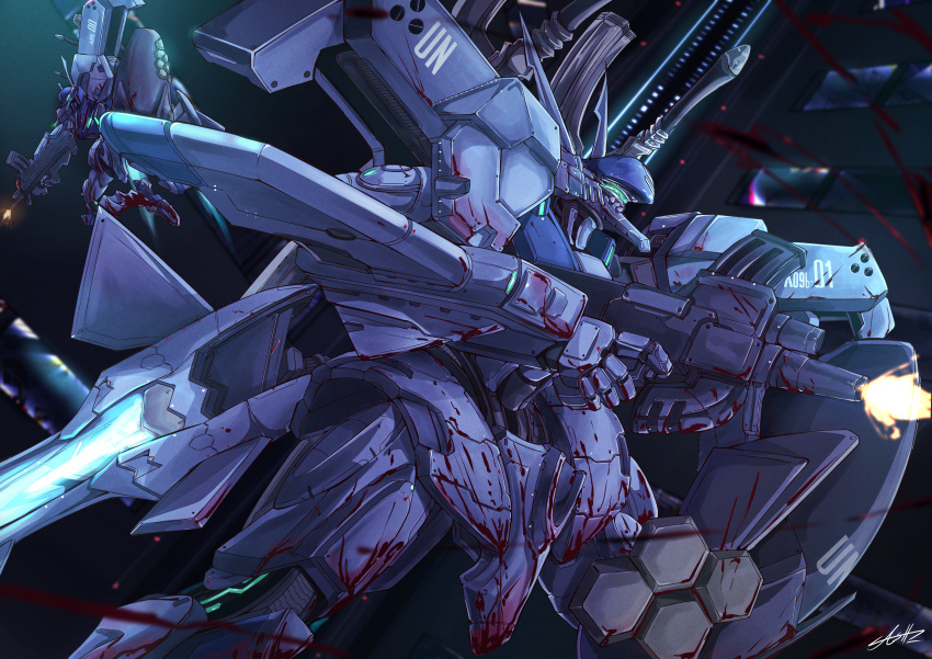 absurdres ash_(shikkoku_no_tsubasa) firing from_side gun highres holding holding_gun holding_weapon looking_ahead mecha muvluv muvluv_alternative no_humans science_fiction shield signature solo_focus tactical_surface_fighter thrusters type_94_shiranui visor weapon