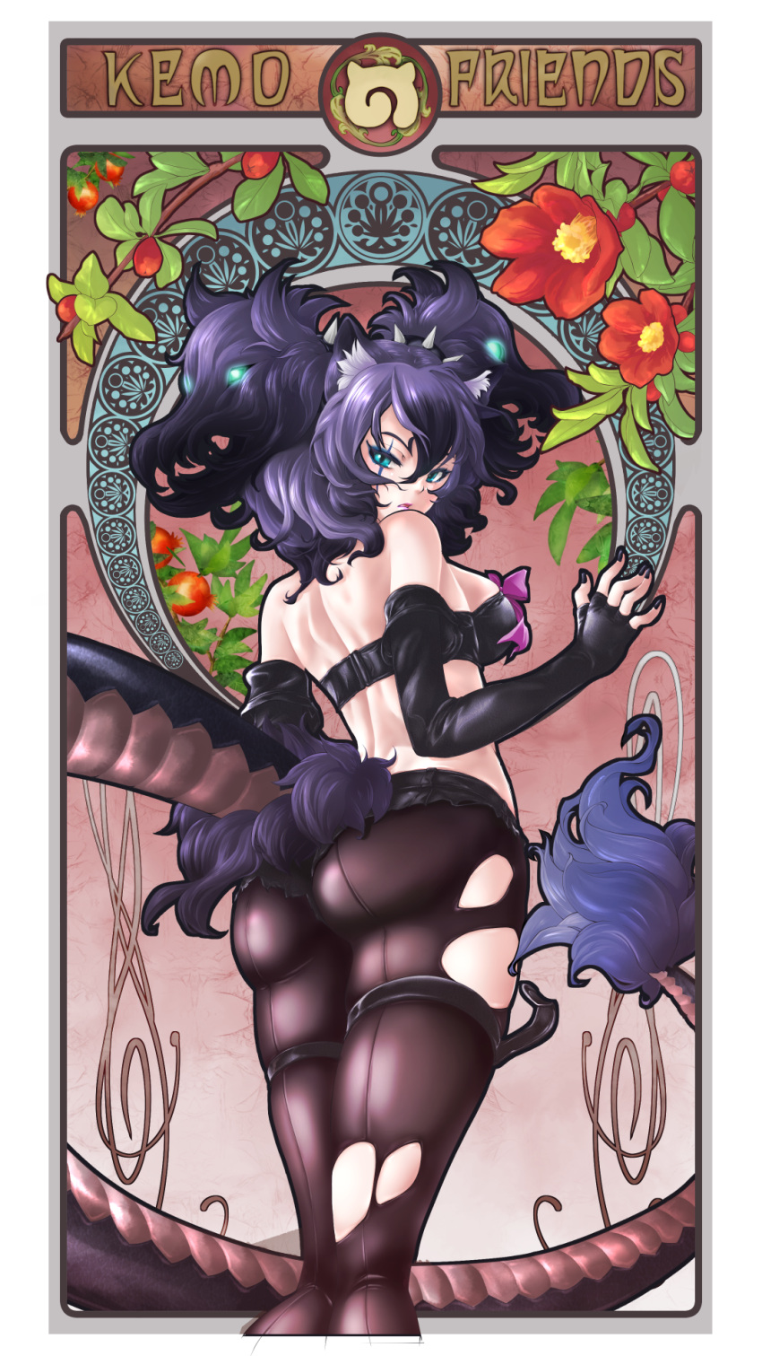 1girl animal_ear_fluff animal_ears aqua_eyes arm_at_side art_nouveau ass back beltbra big_hair black_hair black_nails black_shorts bra breasts brown_legwear cerberus_(kemono_friends) chiki_yuuko commentary_request copyright_name cutoffs dog_ears feet_out_of_frame fingernails flower from_behind glowing glowing_hair hair_between_eyes hand_up highres kemono_friends legwear_under_shorts lipstick lizard_tail looking_at_viewer looking_back makeup micro_shorts multicolored_hair nail_polish parted_lips purple_hair scar scar_across_eye scar_on_face shorts skindentation solo spikes standing strapless strapless_bra tail thigh_strap torn_clothes torn_legwear two-tone_hair two_side_up underwear