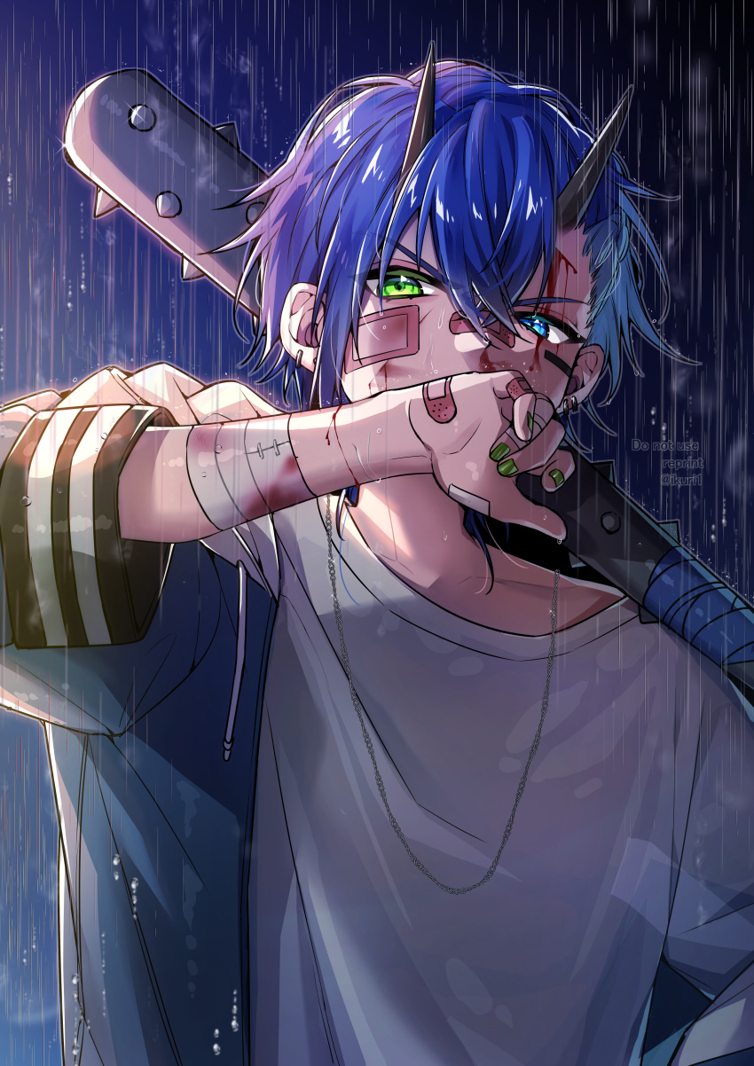 1boy absurdres bandaged_arm bandages bandaid bandaid_on_arm bandaid_on_face blue_eyes blue_hair blue_jacket earrings green_eyes heterochromia highres holding holding_weapon horns ikurikaito injury jacket jewelry long_sleeves male_focus nail_polish necklace original rain shirt short_hair spiked_bat upper_body weapon white_shirt