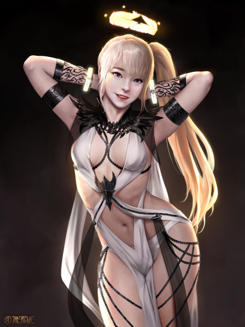 1girl absurdres armlet arms_up black_background blonde_hair blue_eyes bracer breasts character_request commentary commission dress halo highres jagercoke long_hair looking_at_viewer mabinogi mabinogi_heroes mole mole_on_breast mole_under_eye navel parted_lips pelvic_curtain revealing_clothes side_ponytail simple_background small_breasts solo standing teeth white_dress