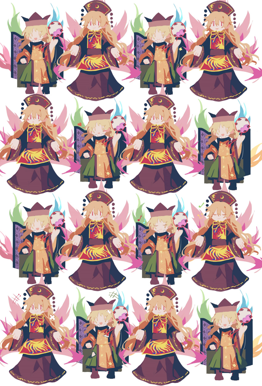 +++ 2girls :d absurdres aura black_sleeves blonde_hair chair chinese_clothes closed_eyes commentary_request constellation_print crossed_bandaids detached_sleeves drum energy expressions fox_print full_body hat heart highres instrument junko_(touhou) kyuutame long_hair long_sleeves looking_at_viewer matara_okina multiple_girls musical_note open_mouth orange_sleeves outstretched_arms phoenix_crown sash serious shirt sigh simple_background sitting smile smug sparkle spoken_musical_note standing sun_print tabard tassel touhou white_background white_shirt wide_sleeves