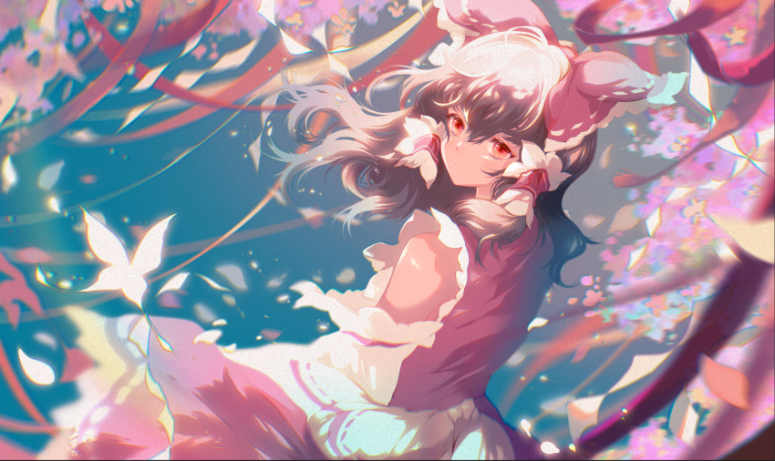 1girl azusa0v0 bangs bare_shoulders blue_background bow brown_hair bug butterfly butterfly_wings closed_mouth detached_sleeves dress eyebrows_visible_through_hair flower flying hair_between_eyes hair_ornament hair_tubes hakurei_reimu highres long_sleeves looking_at_viewer orange_flower petals pink_flower purple_flower red_bow red_dress red_eyes short_hair solo standing tape touhou wide_sleeves wings