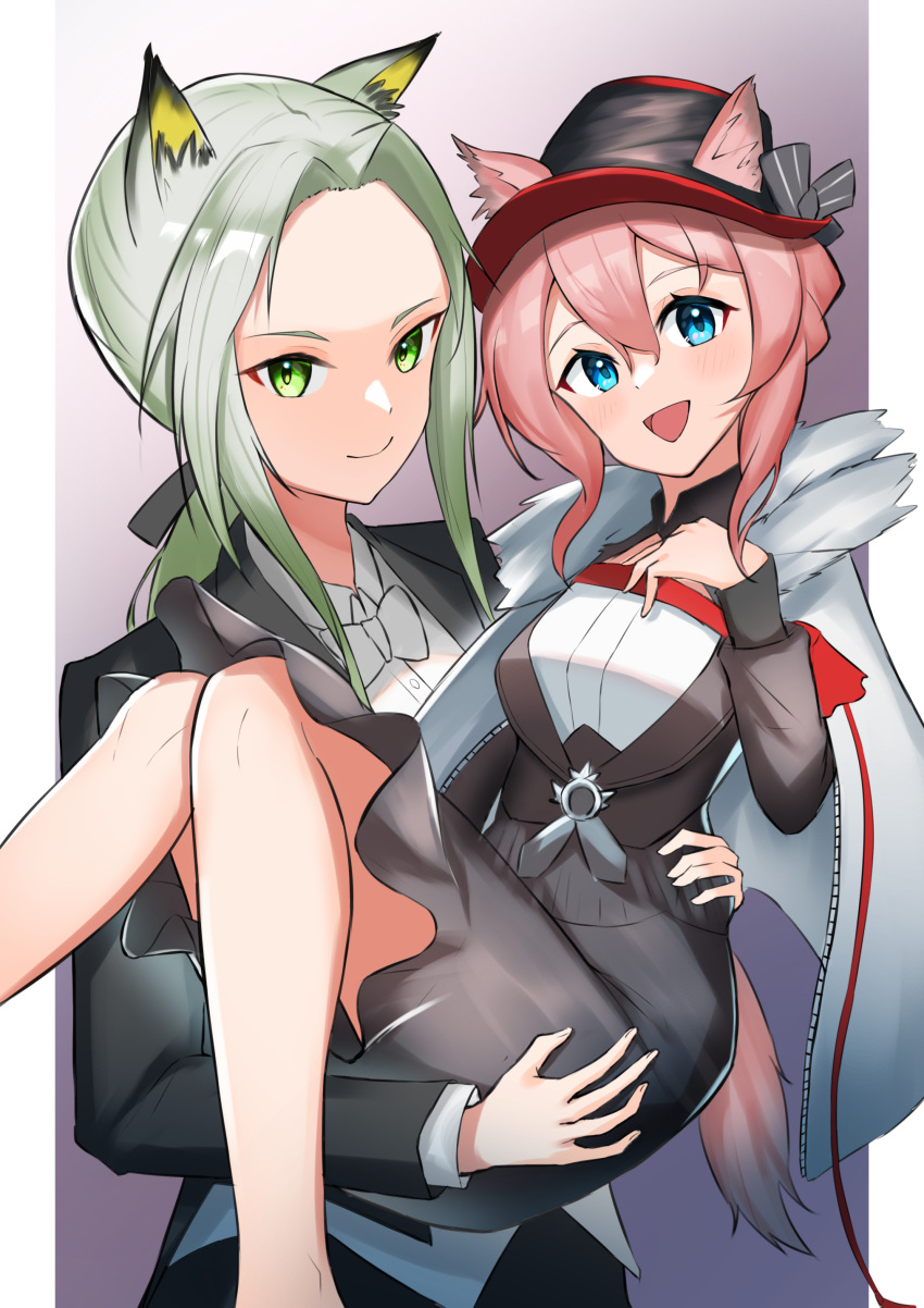 2girls absurdres animal_ear_fluff animal_ears arknights black_dress black_headwear black_jacket blue_eyes bow bowtie cape carrying carrying_person cat_ears collared_shirt commentary_request dress dress_shirt ears_through_headwear feet forehead green_eyes green_hair hair_between_eyes hat heidi_(arknights) highres jacket k@bu kal'tsit_(arknights) looking_at_viewer multiple_girls open_clothes open_jacket pink_hair princess_carry shirt short_hair sidelocks smile tail triangle_mouth upper_body white_bow white_cape white_neckwear white_shirt yuri