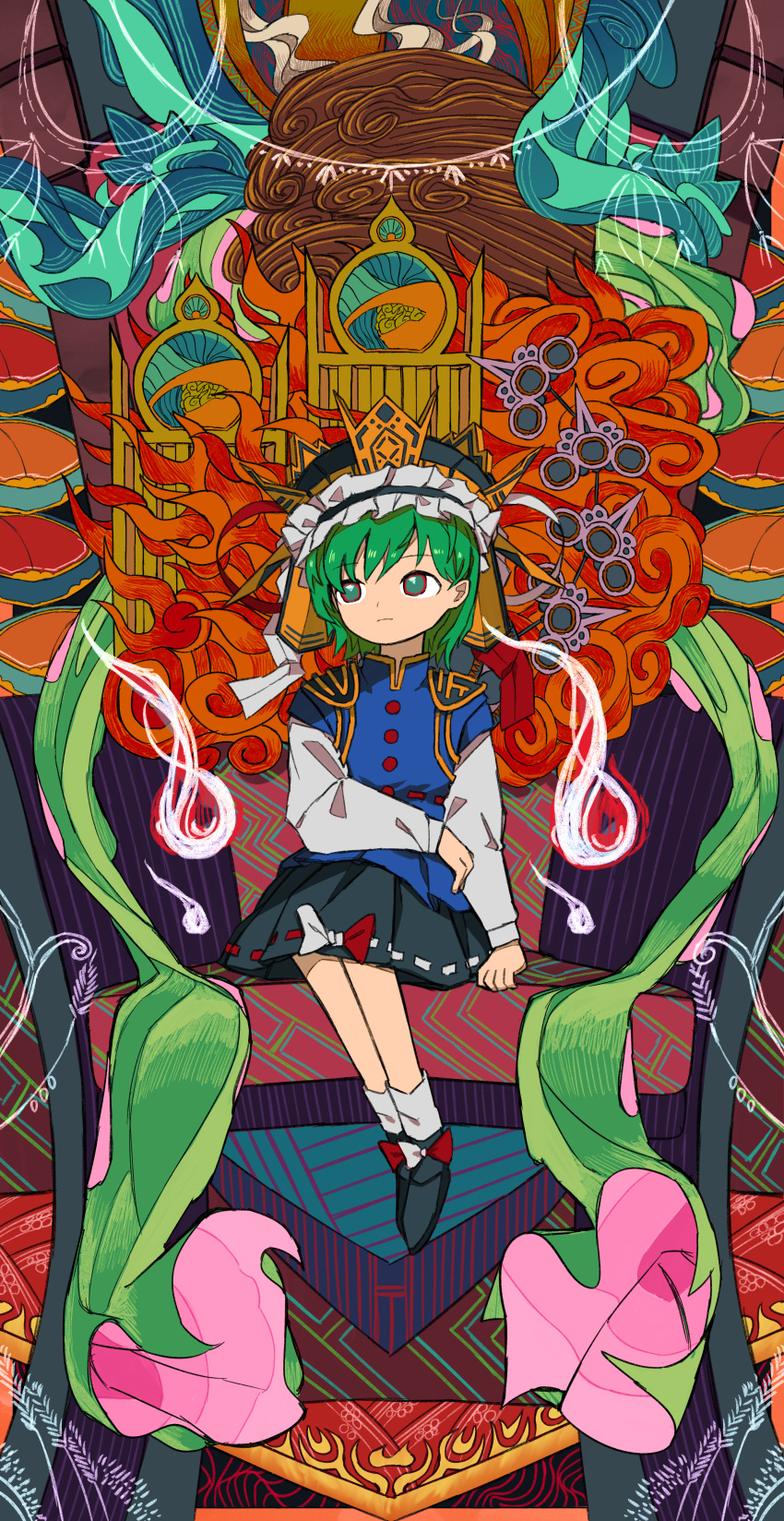 1girl absurdres bangs black_footwear blouse blue_shirt closed_mouth commentary_request expressionless flat_chest frilled_hat frills full_body green_eyes green_hair hat highres layered_sleeves long_sleeves looking_afar neruzou ribbon-trimmed_skirt ribbon_trim shiki_eiki shirt shoes short_hair short_over_long_sleeves short_sleeves sitting socks solo throne touhou white_blouse white_legwear