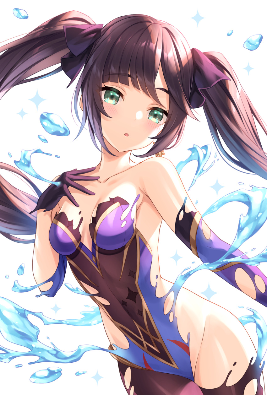 1girl bangs bare_shoulders black_gloves black_hair blue_leotard blush bodystocking breasts brown_legwear choker commentary covered_navel detached_sleeves earrings eyebrows_visible_through_hair genshin_impact gloves gold_trim green_eyes groin hair_ribbon hand_up highleg highleg_leotard highres hydrokinesis jewelry leotard liquid_clothes long_hair looking_at_viewer medium_breasts mona_(genshin_impact) pantyhose parted_lips purple_gloves purple_ribbon ribbon simple_background solo star_(symbol) star_earrings thighs tomo_(tmtm_mf_mf) torn_clothes twintails very_long_hair water white_background