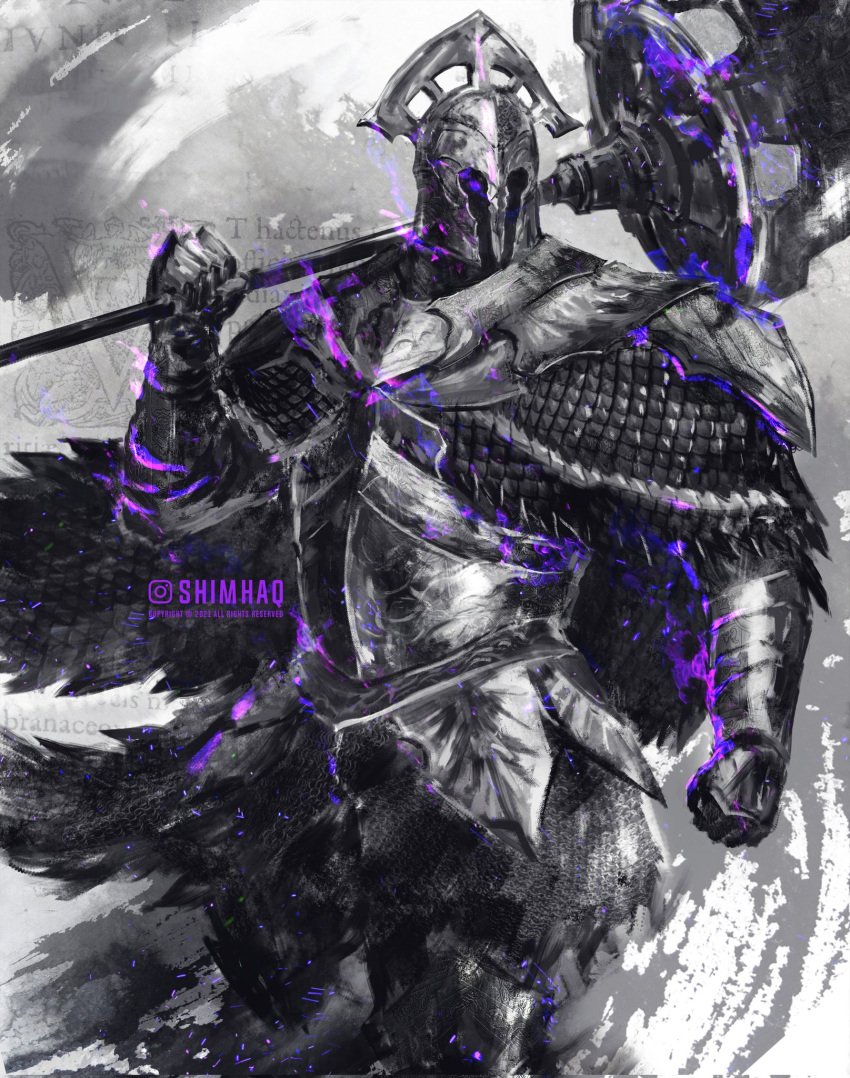 1boy armor breastplate cape chainmail commentary cowboy_shot dark_souls_(series) dark_souls_ii english_commentary full_armor gauntlets helmet highres holding holding_weapon making-of_available male_focus over_shoulder pauldrons polearm purple_theme shimhaq shoulder_armor solo standing velstadt_the_royal_aegis weapon weapon_over_shoulder