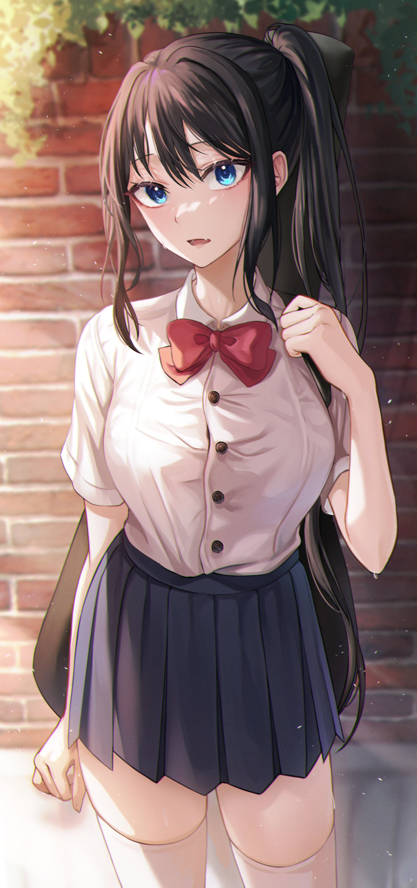 1girl absurdres bag bangs black_hair blue_eyes blue_skirt blurry blurry_background bow bowtie breasts collared_shirt dress_shirt fang ffflilil highres large_breasts long_hair long_sleeves looking_at_viewer open_mouth original plant pleated_skirt ponytail red_bow red_neckwear school_bag school_uniform shirt skirt solo standing thigh-highs wall white_legwear white_shirt