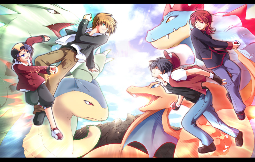 ahoge ball baseball_cap battle black_hair blue_eyes brown_hair charizard coat explosion feraligatr fingerless_gloves gloves gold_(pokemon) green_eyes grin hat highres holding holding_poke_ball hoodie jacket jeans jewelry jumping letterboxed mao_(core) multiple_boys necklace ookido_green ookido_green_(hgss) open_mouth poke_ball pokemon pokemon_(game) pokemon_gsc poking popped_collar red_(pokemon) red_(pokemon)_(classic) red_eyes red_hair running short_hair silver_(pokemon) silver_(pokemon)_(remake) smile typhlosion tyranitar