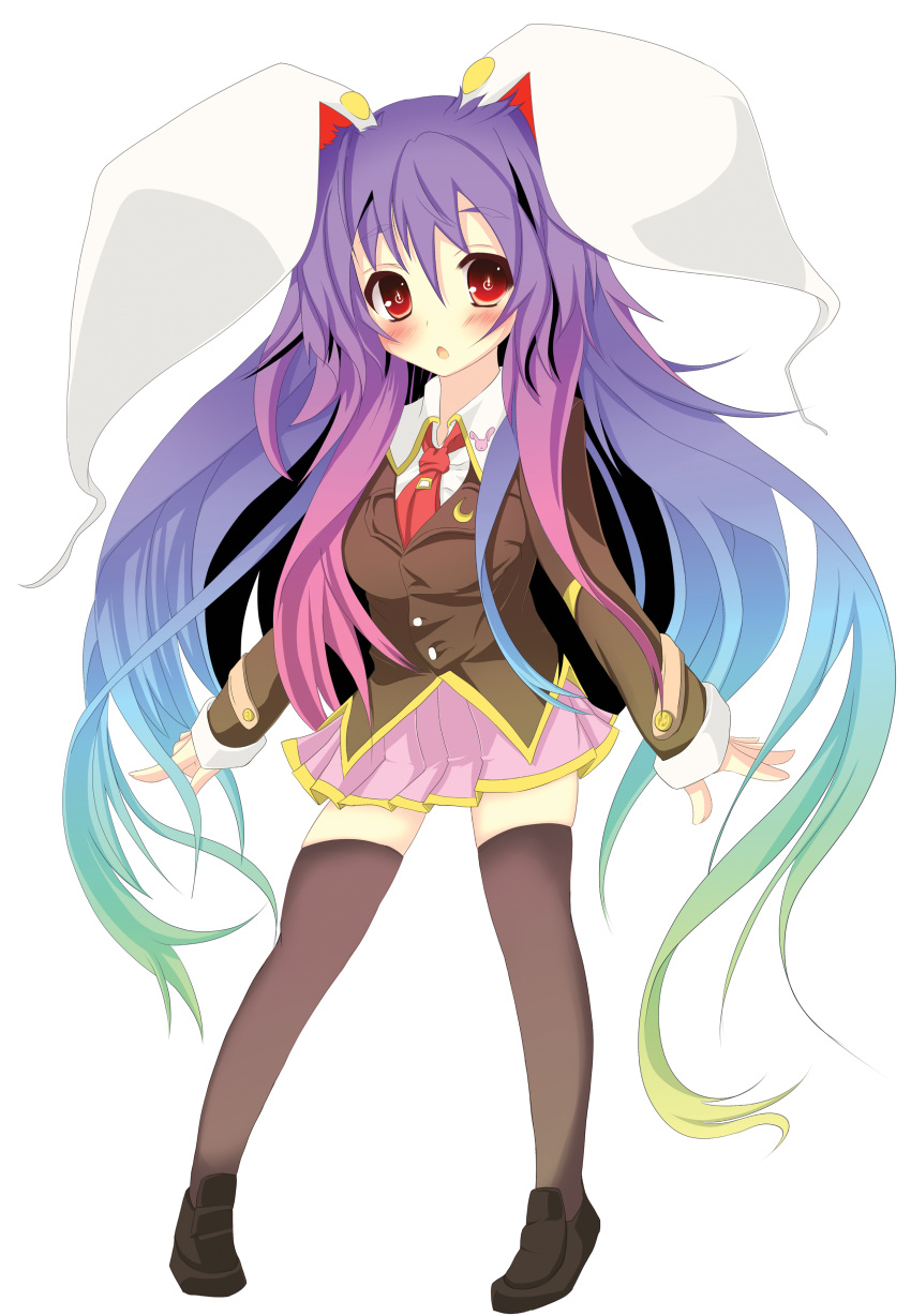animal_ears atuuy bunny_ears gradient_hair highres long_hair multicolored_hair purple_hair rabbit_ears red_eyes reisen_udongein_inaba skirt sukage thigh-highs thighhighs touhou transparent_background zettai_ryouiki