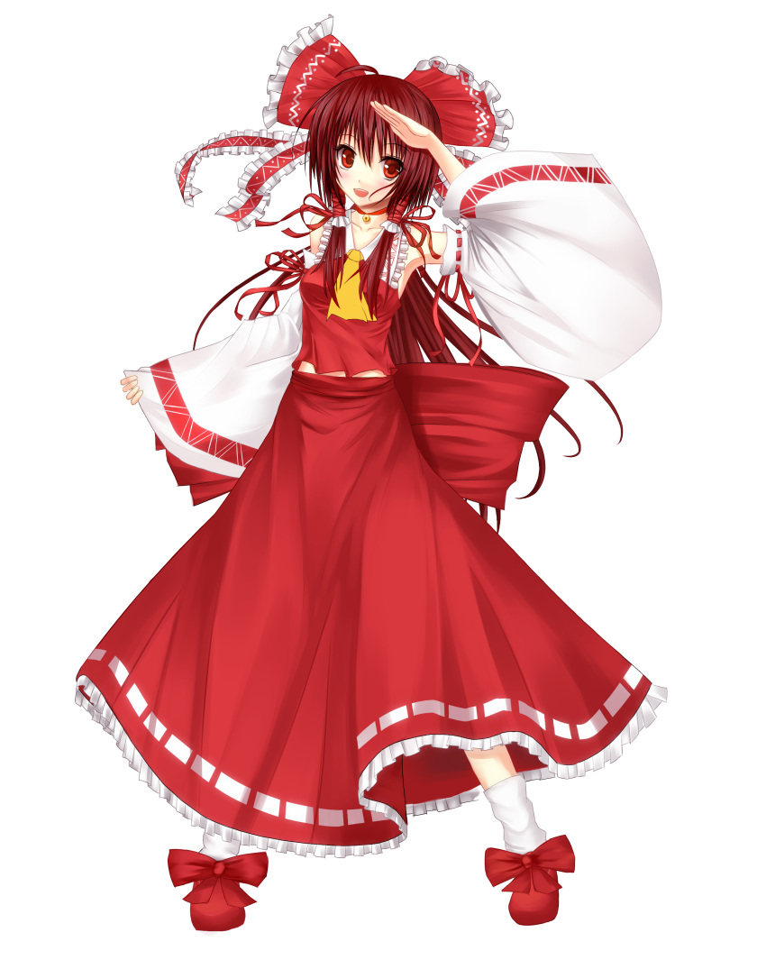 armpits bad_id bell bow detached_sleeves hair_bow hakurei_reimu highres japanese_clothes long_hair miko niboss red_eyes red_hair redhead ribbon salute touhou transparent_background