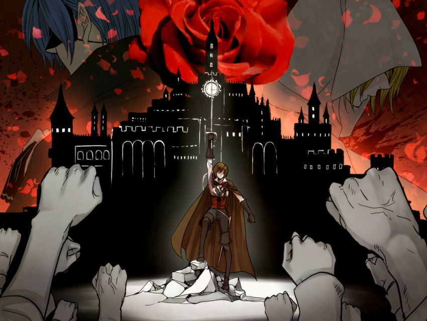 aku_no_musume_(vocaloid) bad_id boots brown_eyes brown_hair cape castle clenched_hand faceless fist flower gloves hands kagamine_rin kaito knee_boots meiko petals raised_fist rose short_hair suzunosuke_(sagula) sword tears vocaloid weapon