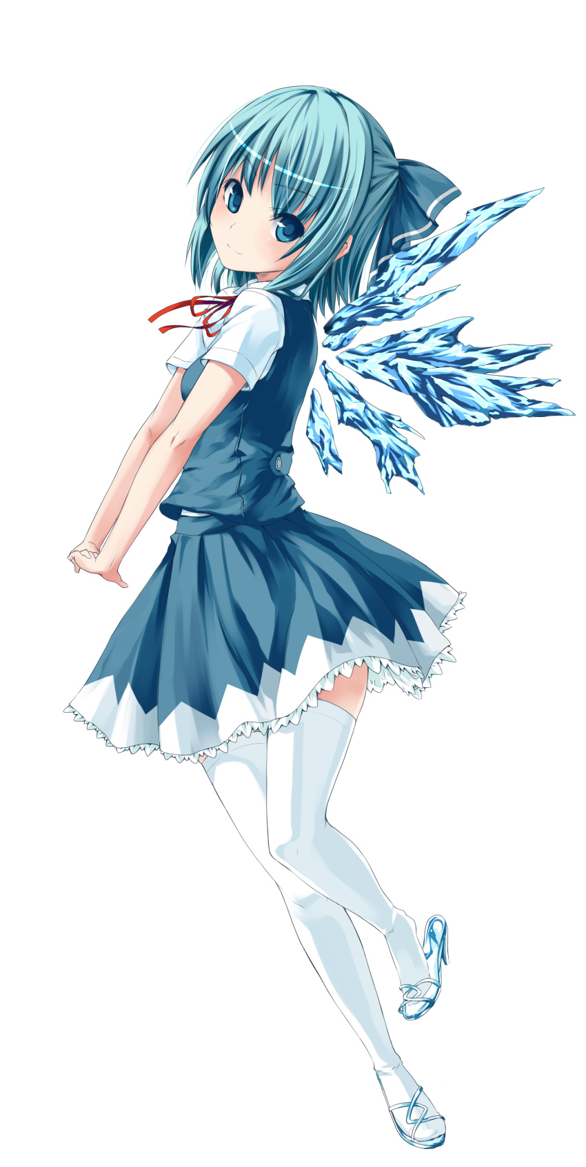 absurdres blue_eyes blue_hair bow cirno high_heels highres sandals shoe_dangle shoes solo thigh-highs thighhighs touhou transparent_background unasaka_ryou zettai_ryouiki