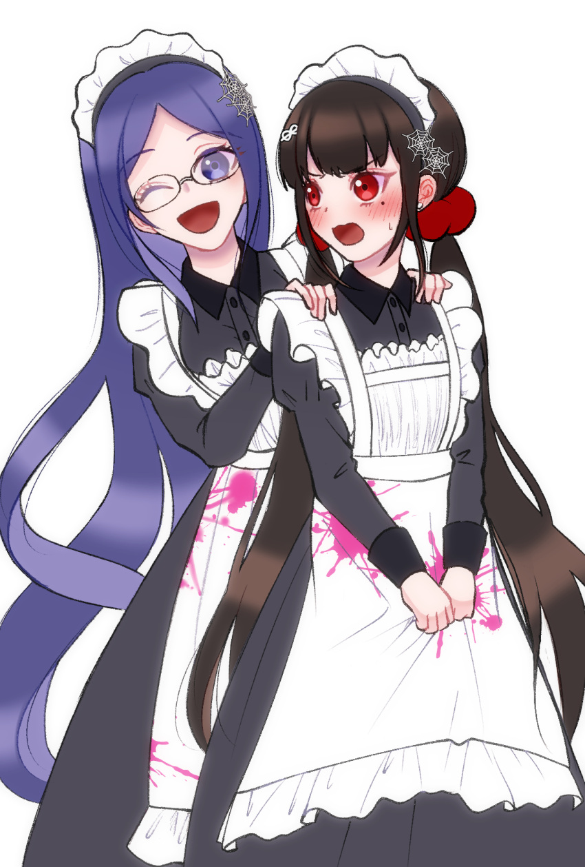 2girls :d ;d alternate_costume apron bangs black_dress blood bloody_clothes blue_eyes blue_hair blunt_bangs blush brown_hair collared_dress commentary_request dangan_ronpa_(series) dangan_ronpa_v3:_killing_harmony dress enmaided glasses hair_ornament hands_on_another's_shoulders harukawa_maki highres juliet_sleeves long_dress long_hair long_sleeves looking_at_viewer maid maid_apron maid_headdress multiple_girls one_eye_closed open_mouth parted_bangs pink_blood puffy_sleeves red_eyes satori_(blueinc324) shirogane_tsumugi smile spider_web_hair_ornament v_arms very_long_hair white_apron white_background