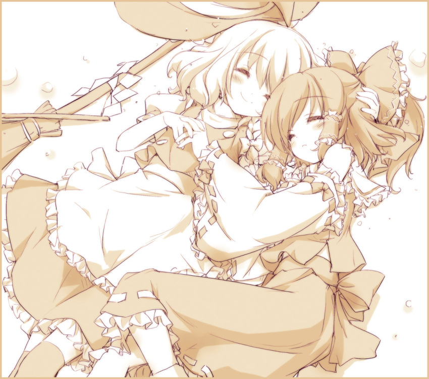 beige blush border bow broom closed_eyes gohei hair_bow hair_tubes hakurei_reimu hand_behind_head hand_holding hat hat_removed headwear_removed holding_hands kirisame_marisa lucie lying monochrome multiple_girls on_back on_side sleeping smile thigh-highs thighhighs touhou