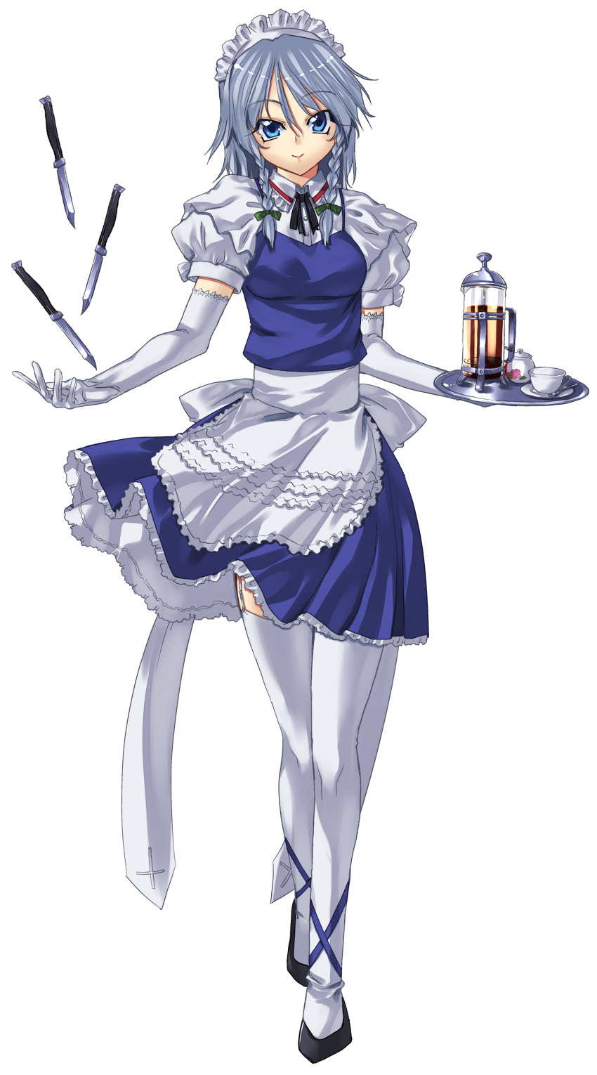 absurdres ankle_lace-up apron blue_eyes braid cross-laced_footwear cup elbow_gloves garter_belt garter_straps gloves hairband highres izayoi_sakuya knife looking_at_viewer maid maid_headdress ribbon short_hair silver_hair solo standing teacup thigh-highs thighhighs touhou transparent_background tray twin_braids uemukai_dai uemuki waist_apron white_gloves white_legwear white_thighhighs