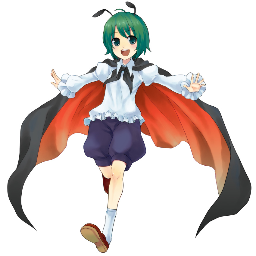 antenna blush cape green_eyes green_hair highres open_mouth outstretched_arms rio_(usagiya) short_hair smile spread_arms touhou transparent_background wriggle_nightbug