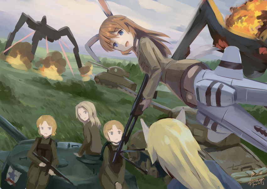 animal_ears ar18_(upotte!!) artist_name battle blonde_hair blue_eyes brown_hair charlotte_e_yeager dated fire girls_und_panzer grey_eyes highres kanokoga kay_(girls_und_panzer) laser long_hair looking_at_another looking_over_shoulder m16a4_(upotte!!) m1918_bar m26_pershing m4_sherman marian_e_carl military military_uniform neuroi short_hair smile smoke strike_witches striker_unit uniform upotte!! war