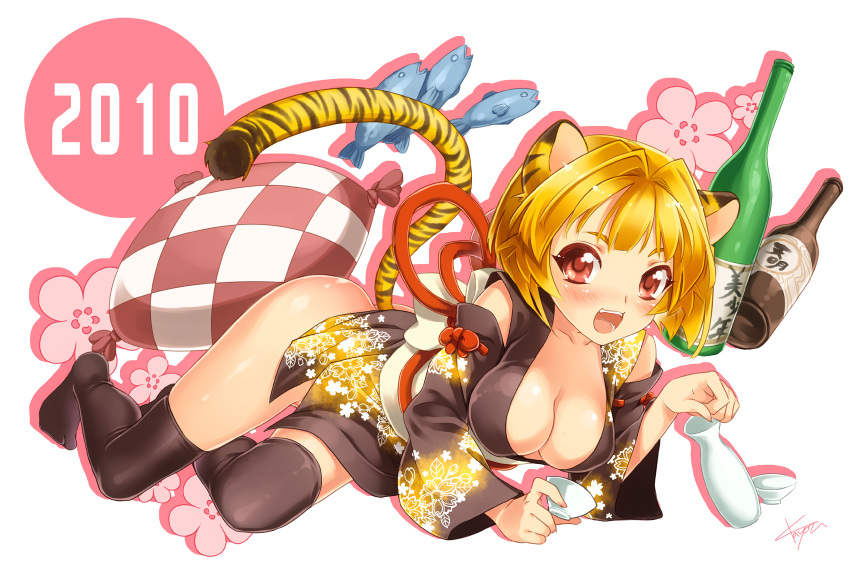 animal_ears black_legwear black_thighhighs breasts cleavage fish flower highres kayou_(artist) large_breasts new_year open_mouth original pillow red_eyes sake shadow smile solo tail thigh-highs thighhighs tiger_ears tiger_tail