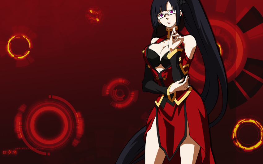 bare_shoulders black_bra black_hair blazblue bra breasts china_dress chinese_clothes cleavage cleavage_cutout glasses highres large_breasts lingerie litchi_faye_ling long_hair ponytail violet_eyes wallpaper