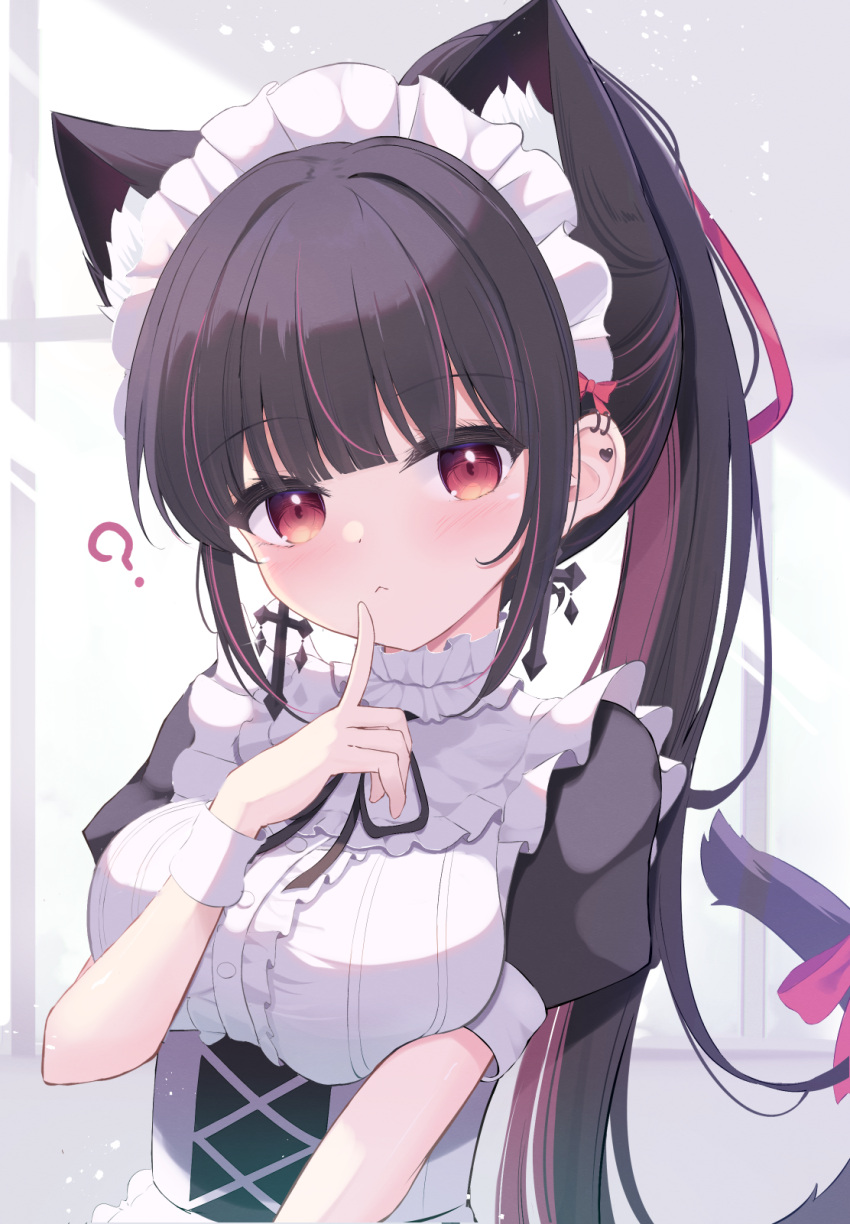1girl :&lt; ? animal_ear_fluff animal_ears bangs black_dress black_hair black_ribbon blunt_bangs blush breasts cat_ears cat_girl cat_tail closed_mouth commentary_request dress earrings eyebrows_visible_through_hair hand_up head_tilt heart highres jewelry long_hair looking_at_viewer maid maid_headdress medium_breasts mikaze_oto multicolored_hair neck_ribbon original ponytail puffy_short_sleeves puffy_sleeves red_eyes redhead ribbon short_sleeves sidelocks solo streaked_hair tail tail_raised two-tone_hair upper_body very_long_hair wrist_cuffs