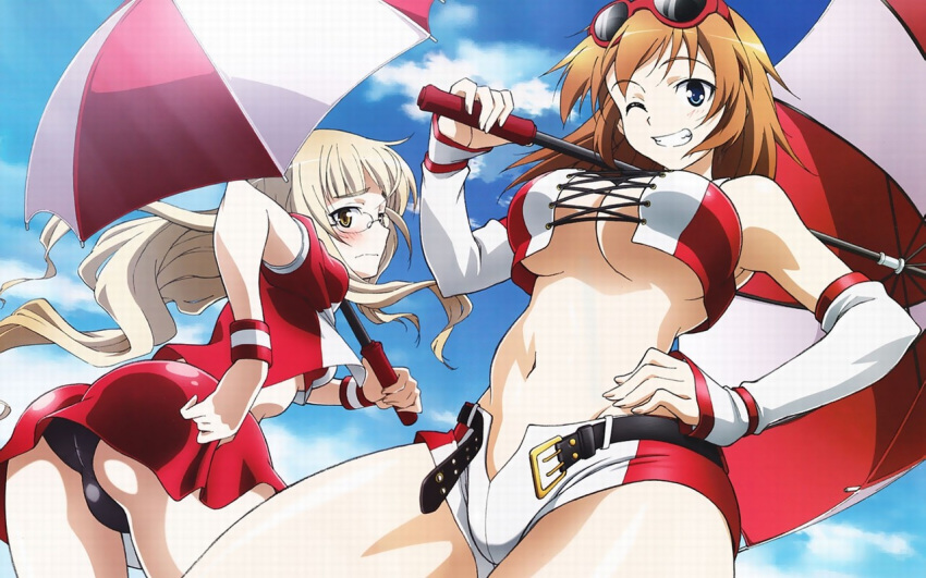 ass belt bent_over black_panties blonde_hair blue_eyes blush breasts charlotte_e_yeager cloud crop_top detached_sleeves embarrassed frown glasses grey_eyes grin hand_on_hip kawamura_kousuke large_breasts long_hair looking_back multiple_girls navel official_art open_fly orange_hair panties perrine_h_clostermann race_queen racequeen scan scan_artifacts short_shorts shorts skirt sky smile strike_witches sunglasses sunglasses_on_head umbrella underboob underwear unzipped very_long_hair wallpaper wristband yellow_eyes