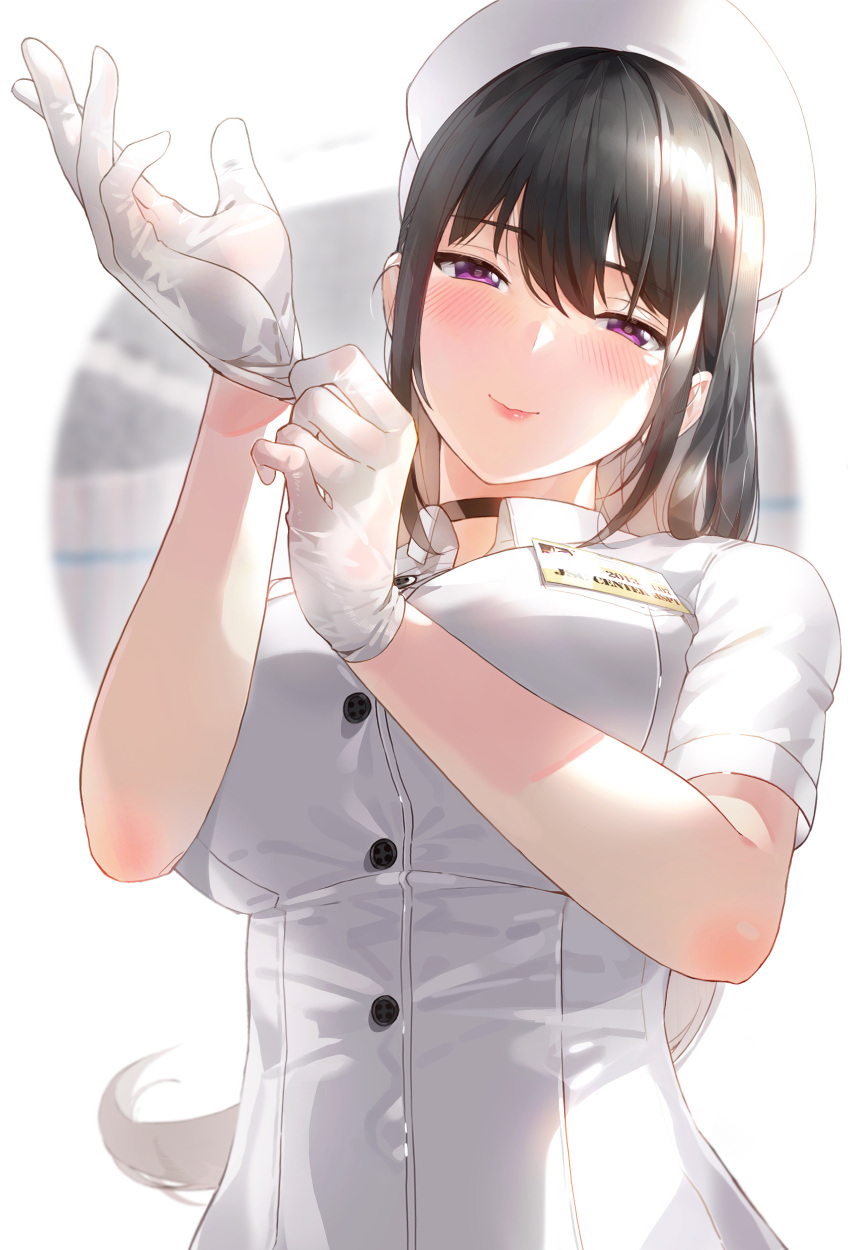 1girl absurdres adjusting_clothes adjusting_gloves bangs black_choker black_hair blush breasts buttons choker closed_mouth commentary english_commentary glove_pull gloves half-closed_eyes hat highres kfr large_breasts long_hair looking_at_viewer name_tag nurse nurse_cap original photoshop_(medium) short_sleeves sidelocks smile solo tareme upper_body violet_eyes white_gloves white_headwear