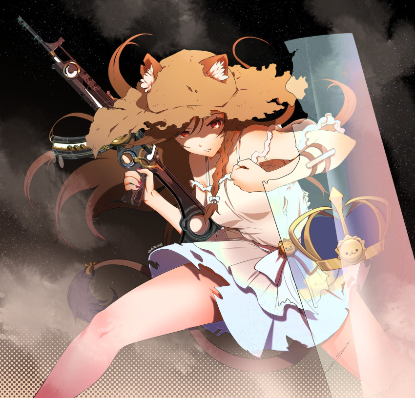 1girl ak-47 animal_ear_fluff animal_ears assault_rifle bangs braid clenched_hand dress english_commentary eudetenis gun hat hazumi_aileen highres holding holding_gun holding_weapon indie_virtual_youtuber kalashnikov_rifle lion_ears lion_girl lion_tail long_hair parted_lips red_nails rifle riot_shield second-party_source shield solo straw_hat tail torn_clothes torn_dress virtual_youtuber weapon white_dress