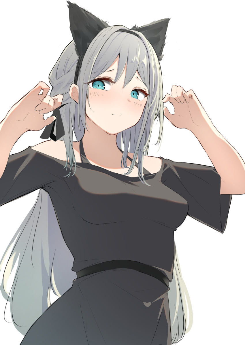1girl absurdres an-94_(girls'_frontline) animal_ears bangs black_dress cat_ears commentary_request dress fake_animal_ears girls_frontline green_eyes hair_ribbon hairband halterneck highres light_blush long_hair looking_at_viewer oyatsutime ribbon silver_hair simple_background smile solo upper_body white_background