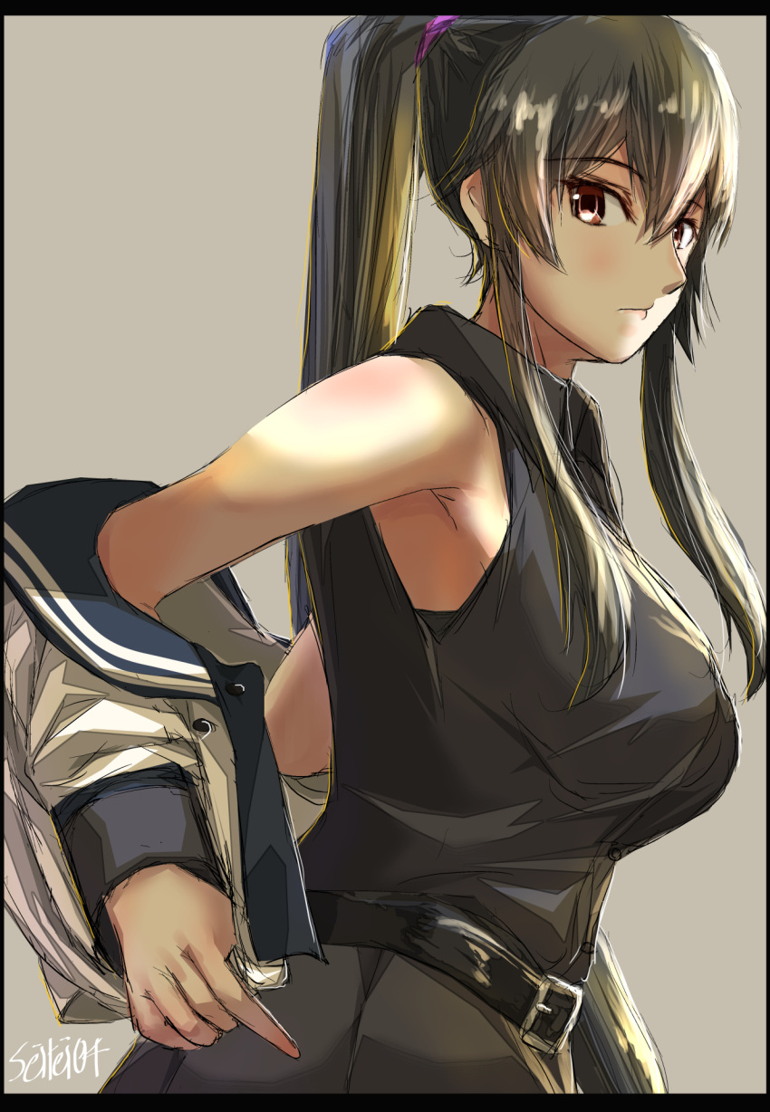 1girl armpit_peek bare_shoulders belt black_hair black_neckwear black_sailor_collar black_shirt black_skirt blush closed_mouth commentary_request dress_shirt eyebrows_visible_through_hair grey_background hair_between_eyes highres kantai_collection long_hair long_sleeves necktie pink_scrunchie pleated_skirt ponytail red_eyes sailor_collar sailor_shirt scrunchie seitei_(04seitei) shirt simple_background skirt sleeveless solo twitter_username undressing upper_body white_shirt yahagi_(kancolle)