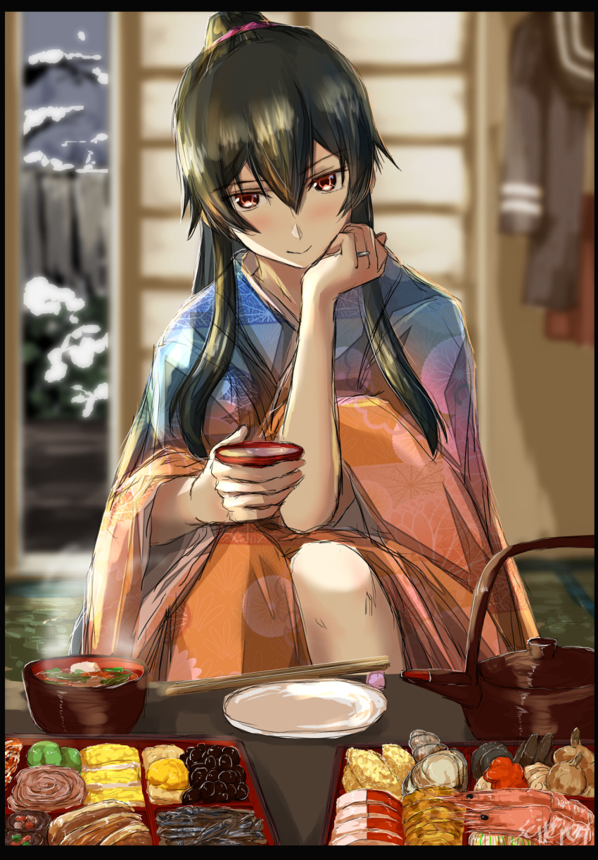 1girl bento black_hair black_sailor_collar black_shirt blush bush closed_mouth commentary_request cup eyebrows_visible_through_hair fish food_request hair_between_eyes hand_on_own_face hanging highres holding japanese_clothes jewelry kantai_collection kettle kimono long_hair long_sleeves miso_soup multicolored multicolored_clothes multicolored_kimono omelet open_door pink_scrunchie plate pleated_skirt ponytail pork red_eyes red_skirt ring sailor_collar sailor_shirt scrunchie seitei_(04seitei) shirt shrimp sidelocks sitting skirt smile snow solo tamagoyaki tea tree twitter_username wedding_ring yahagi_(kancolle)