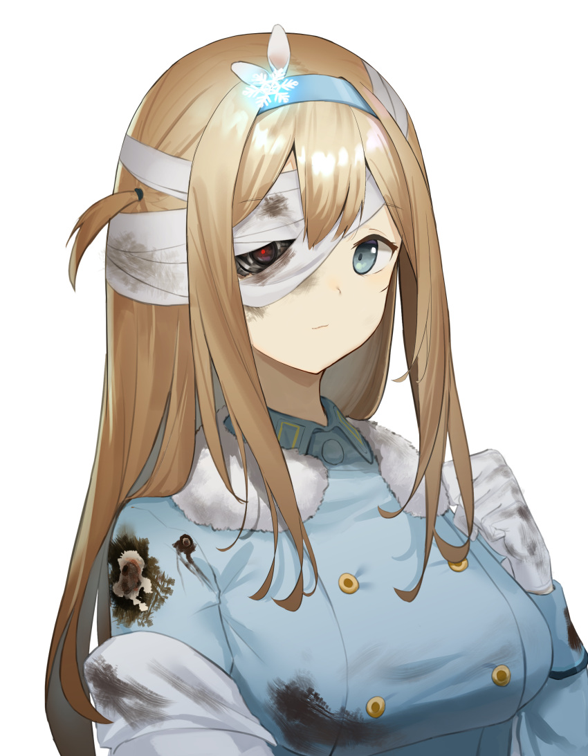 1girl absurdres android artificial_eye bandaged_head bandages bangs blonde_hair blue_eyes blue_hairband blue_jacket breasts commentary_request damaged eyebrows_visible_through_hair fur_trim girls_frontline gloves hair_between_eyes hair_ornament hairband highres injury jacket long_hair long_sleeves looking_at_viewer mechanical_eye medium_breasts off_shoulder sidelocks simple_background snowflake_hair_ornament solo suomi_(girls'_frontline) torn_clothes upper_body wazd0183 white_background white_gloves