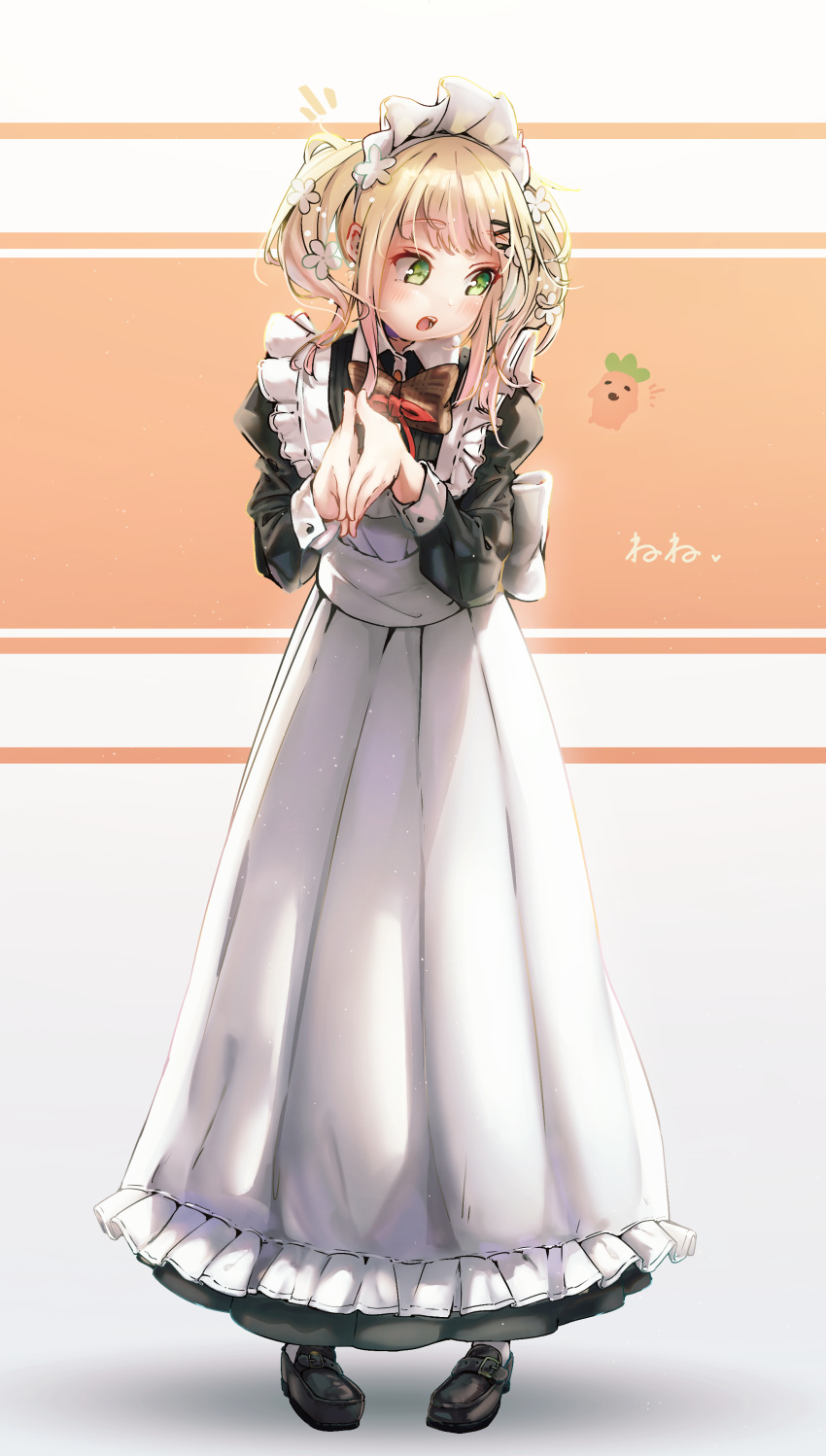 1girl :o absurdres amamami_prime apron black_footwear blonde_hair blush flower frilled_apron frills green_eyes hair_flower hair_ornament highres hololive long_sleeves maid maid_apron maid_headdress mary_janes medium_hair momosuzu_nene open_mouth shoes short_twintails sidelocks simple_background solo standing teeth twintails