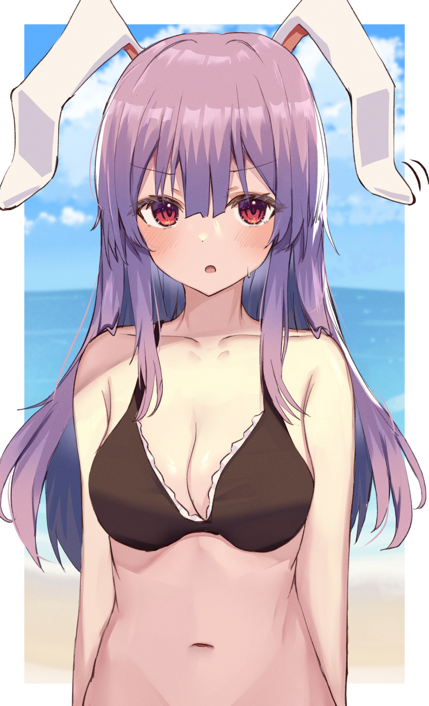 1girl absurdres animal_ears aohane arms_at_sides bangs bare_shoulders bikini blush border breasts clouds commentary_request day eyebrows_visible_through_hair fisheye hair_between_eyes highres horizon long_hair looking_at_viewer medium_breasts navel open_mouth outdoors outside_border purple_hair rabbit_ears red_eyes reisen_udongein_inaba sky solo swimsuit touhou upper_body white_border