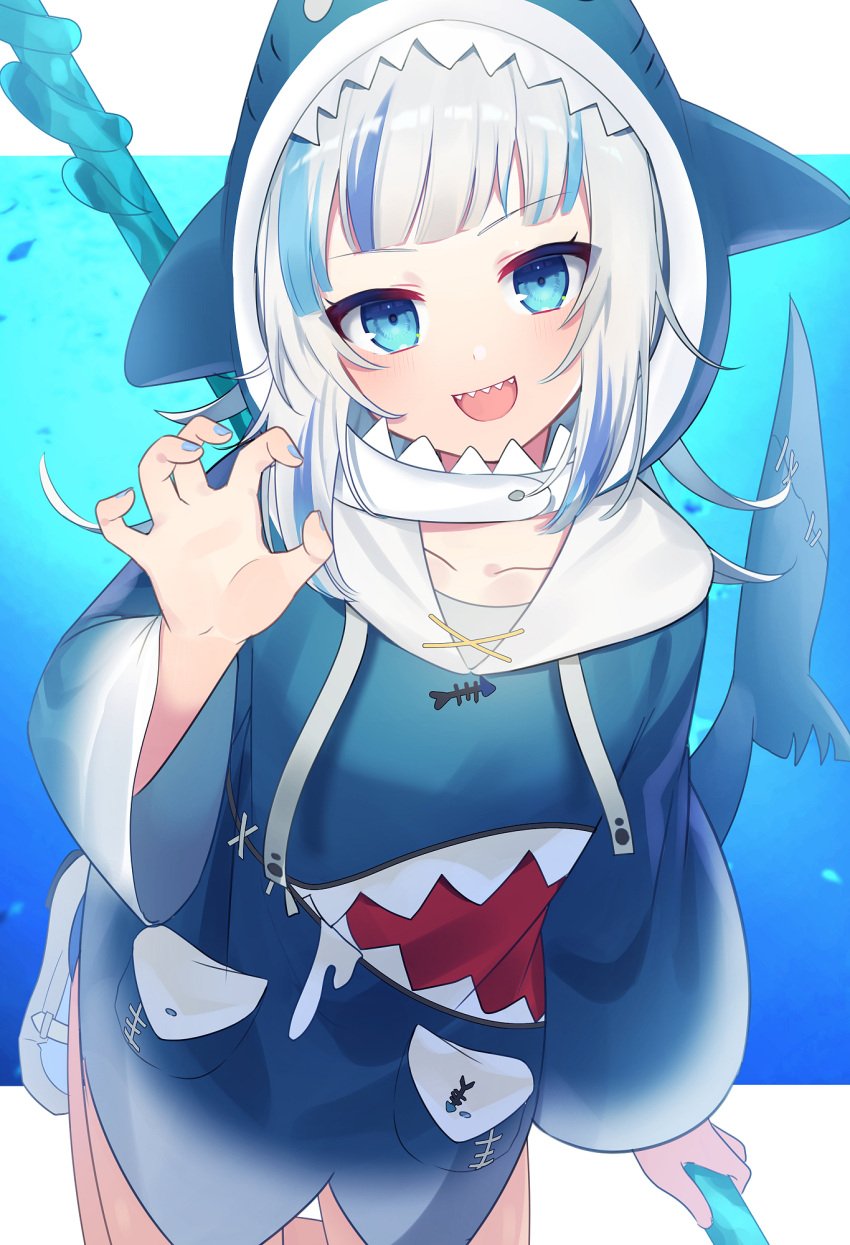 1girl :d animal_costume blue_eyes blue_nails gawr_gura highres hololive hololive_english hood looking_at_viewer multicolored_hair open_mouth shark_costume smile solo streaked_hair virtual_youtuber white_hair yataga_tani